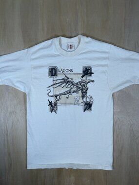 Vintage 90s Y2K Flying Dragon Off White Del Sol Skate T-shirt Mens M Medieval￼